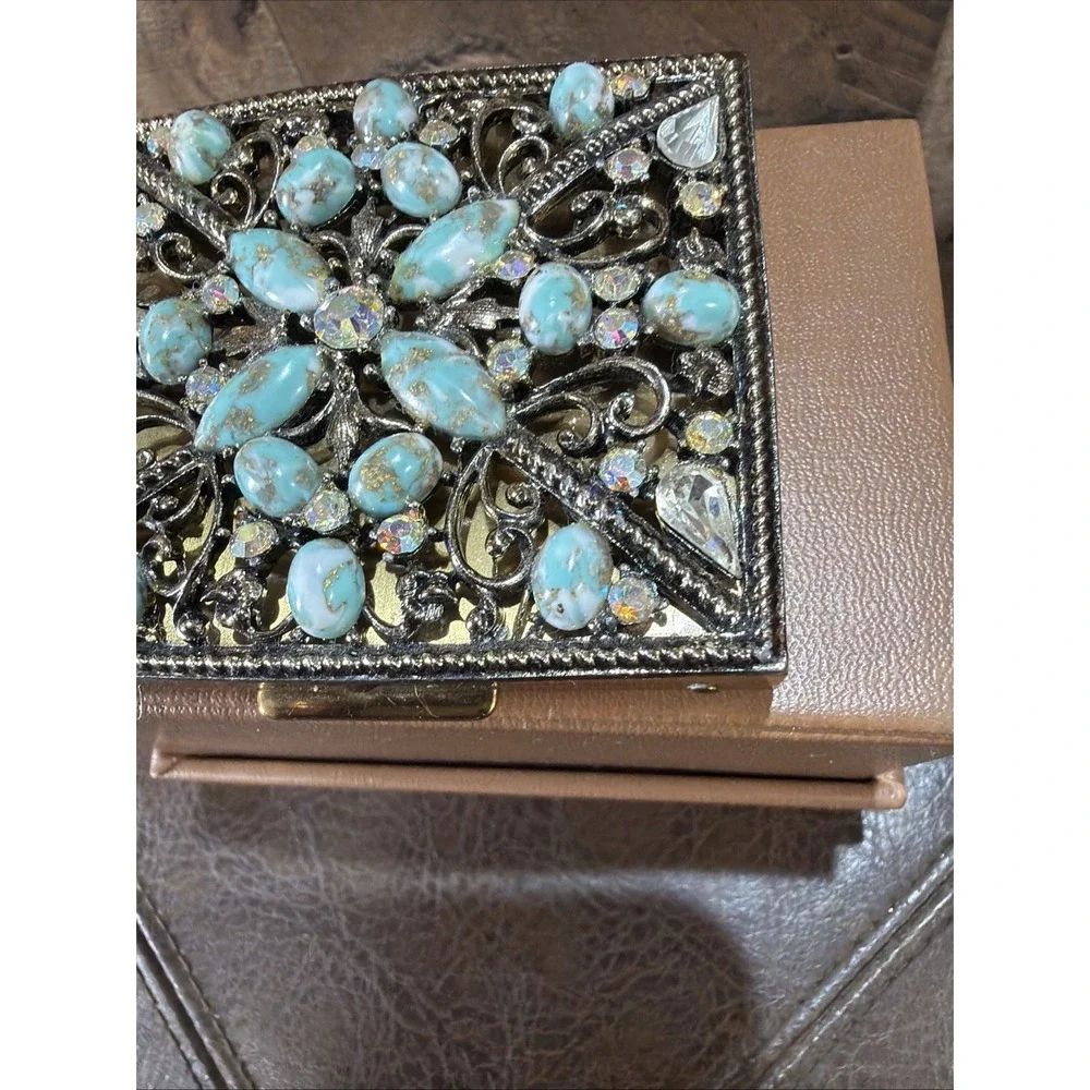 Jeweled Powder Compact Case Gold Brass Faux Turquoise 1950s SF Co 5th Ave Vtg